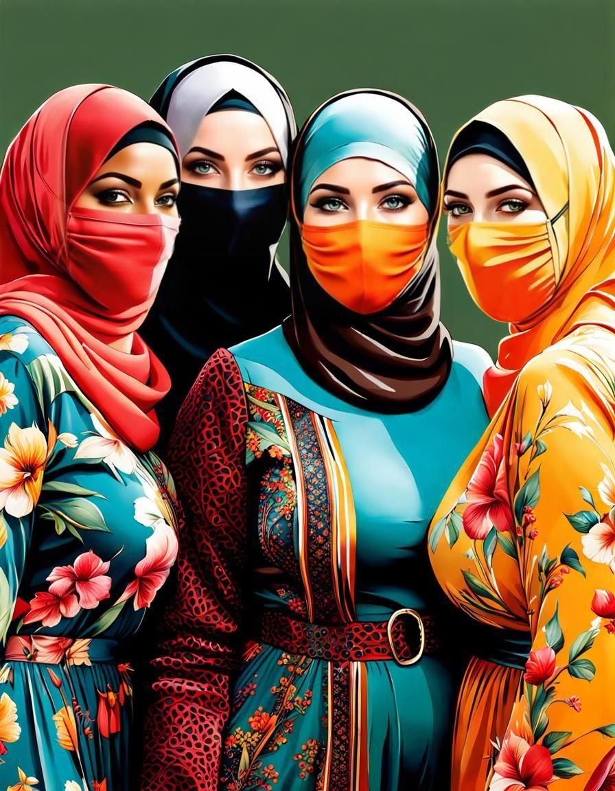 Vibrant Watercolor Portrait of Three Hijab-Wearing Women