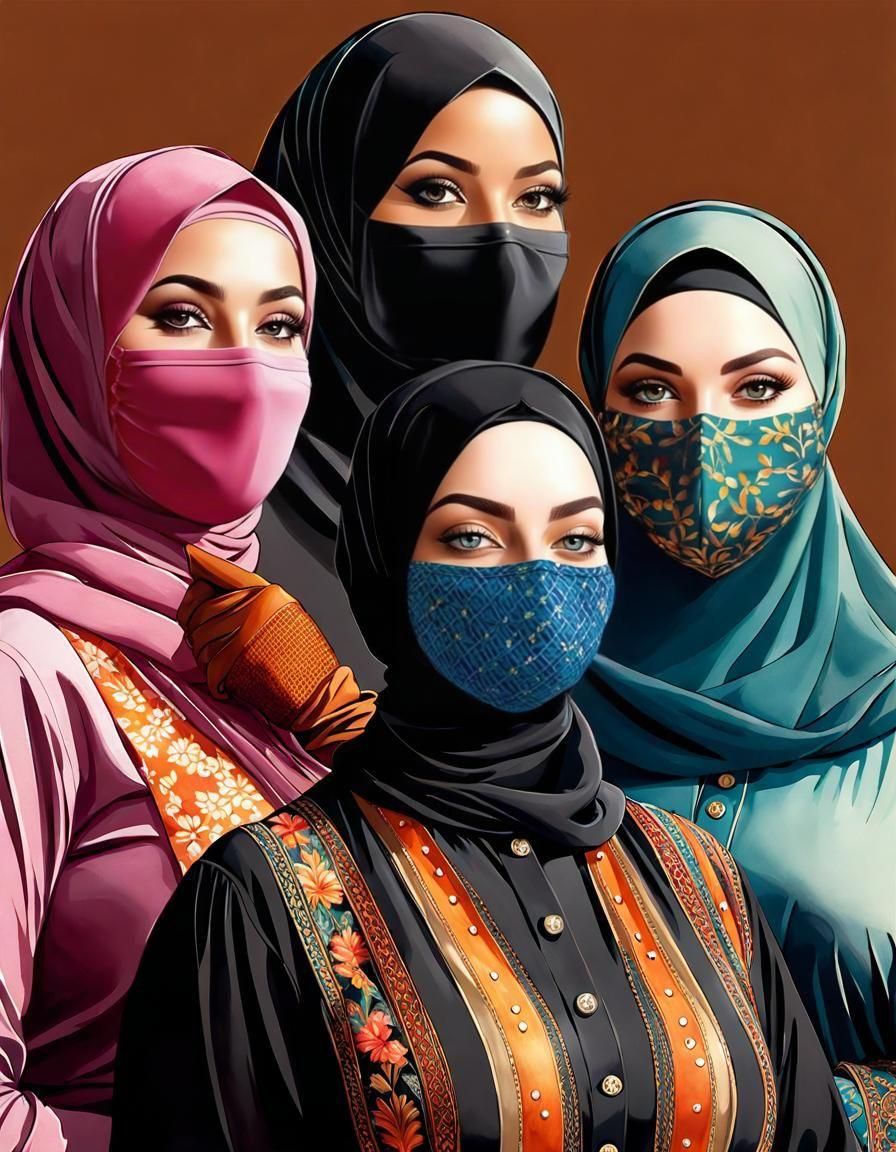 Vibrant Watercolor Portrait of Modest Women