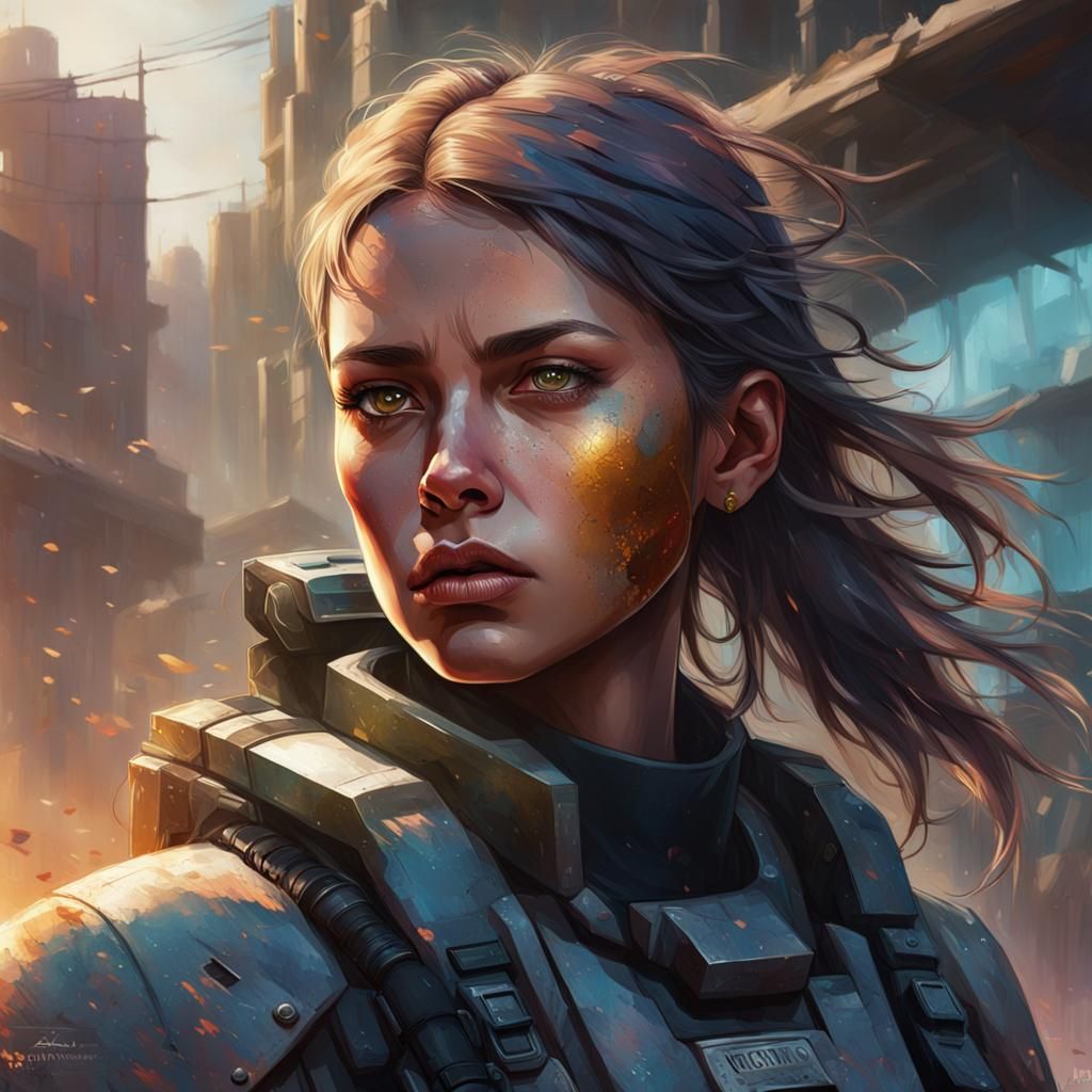 Determined Girl Portrait in War-Torn Setting
