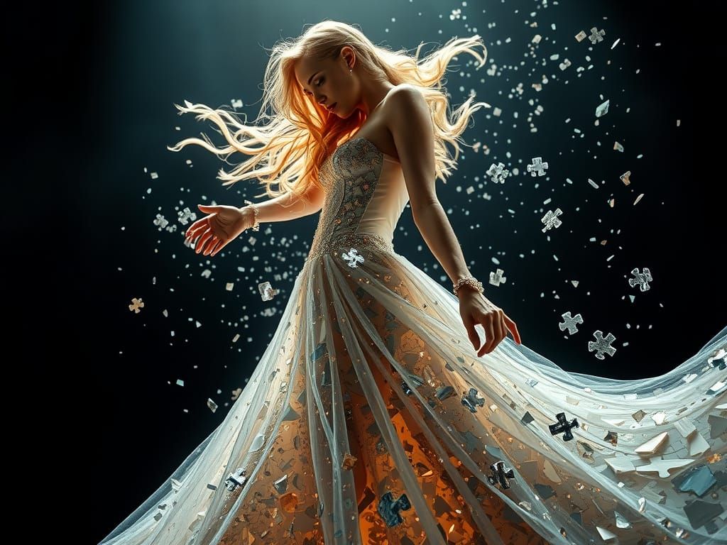 Elegant Woman in Shattered Ceramic and Crystal Stipple Effec...