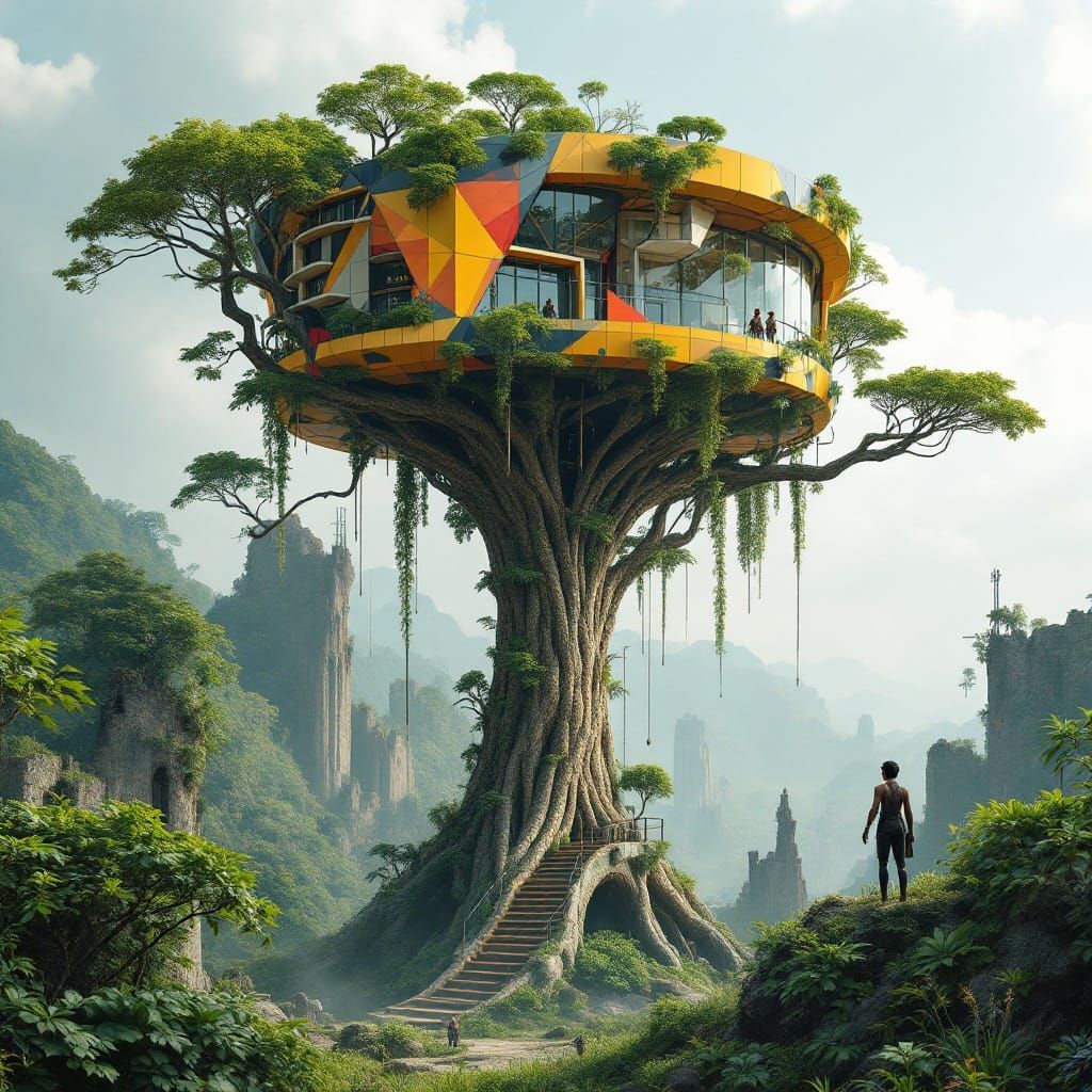 Bauhaus Treehouse Amidst Dystopian Ruins