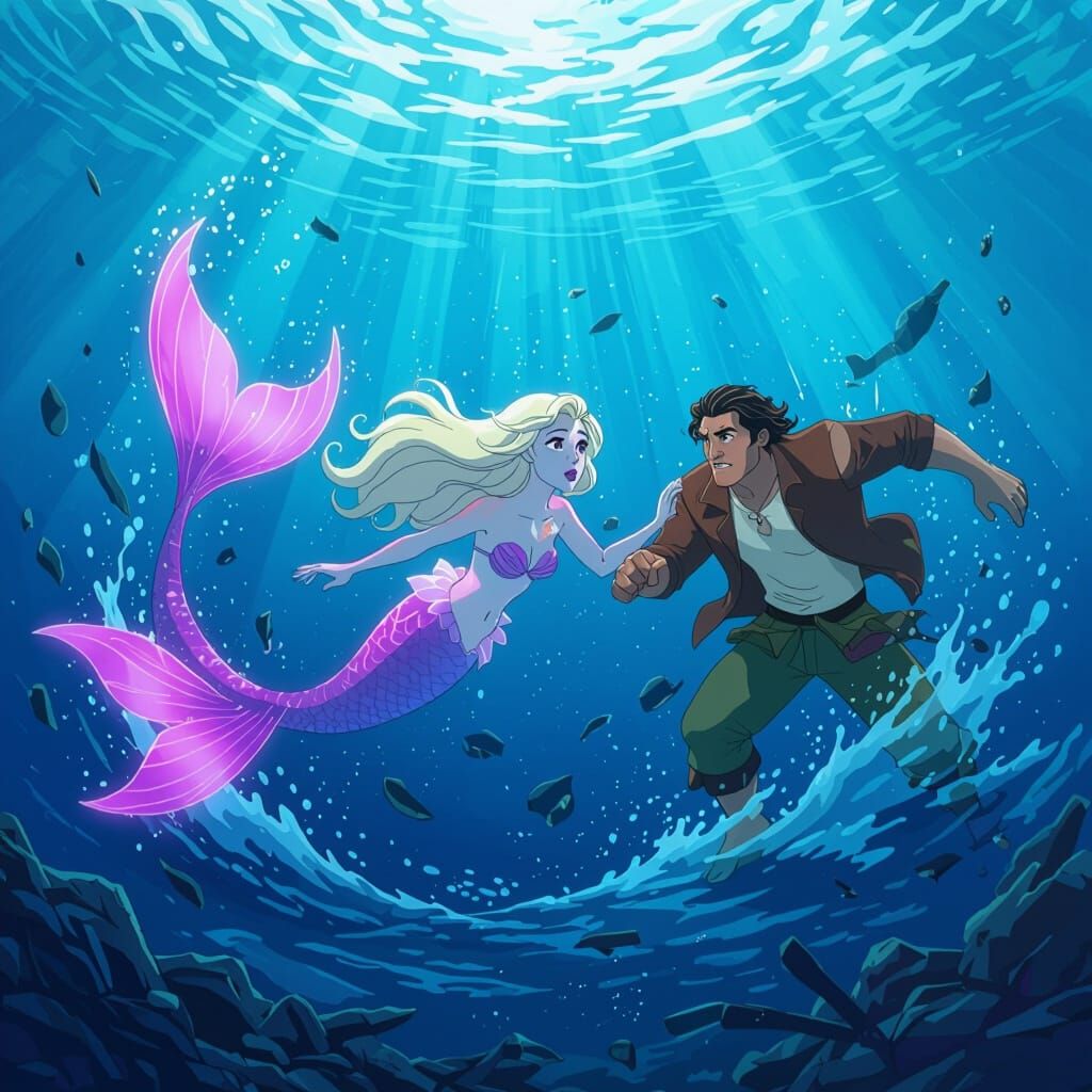 Mermaid Fights Currents in Deep Blue Underwater Scene