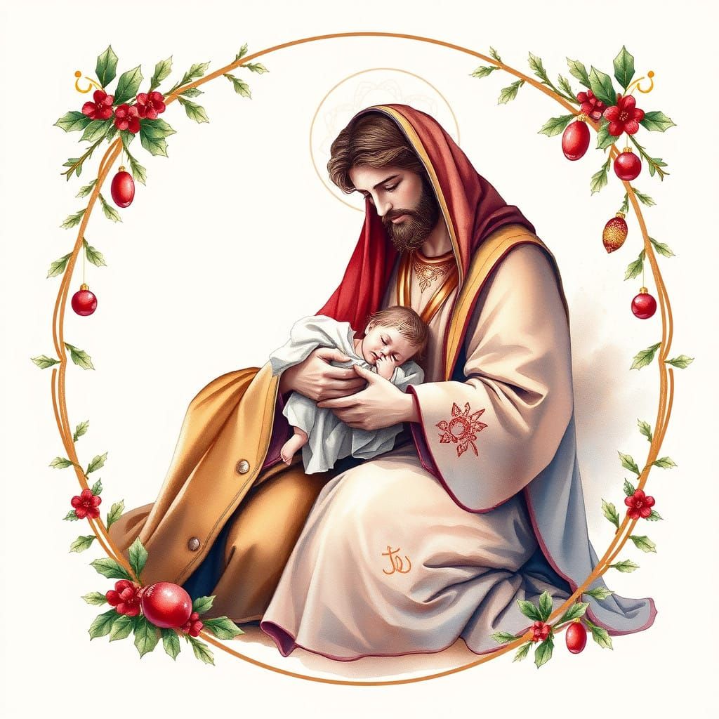 Intimate Nativity Scene in Whimsical Watercolor Style