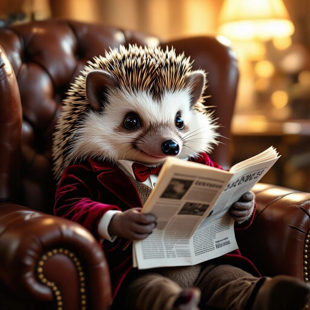 Hedgehog in Smoking Jacket Reads Newspaper