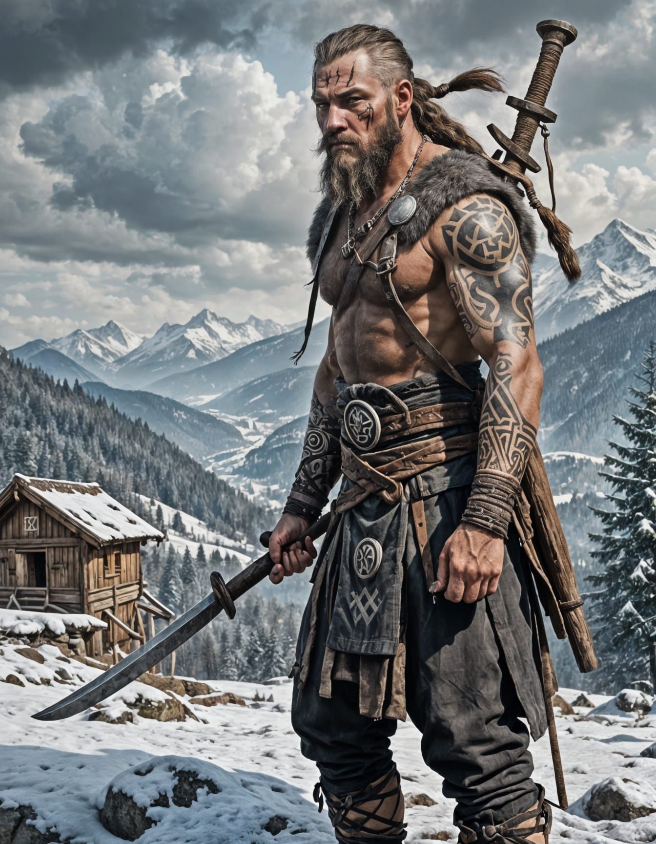 Suebian Berserker with Runes and Club, Photorealistic