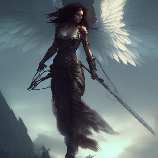 Warrior Woman with Angel Wings in Dark Fantasy Style
