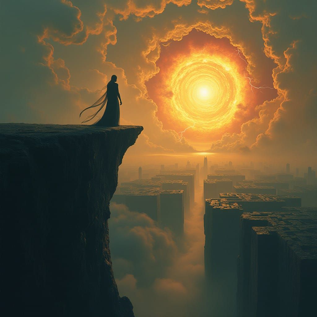 Mystical Figure at Labyrinthine City Edge, Radiant Sky