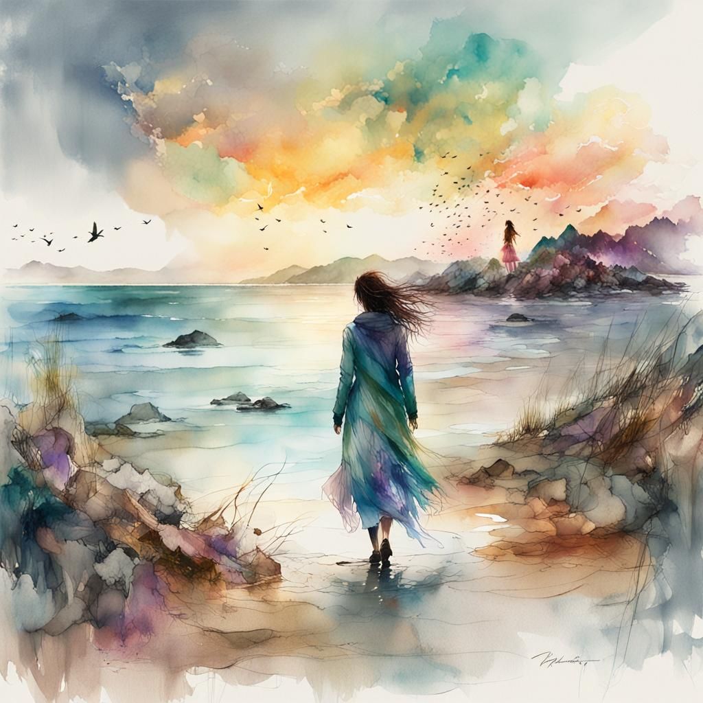 Melancholic Sunset: Woman Leaving Shattered Heart as Digital...