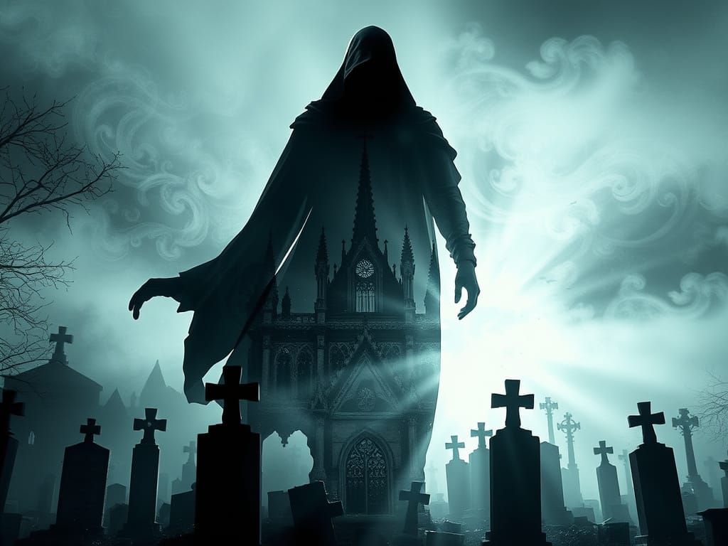 Ethereal Silhouette Rising from Ruined Graveyard