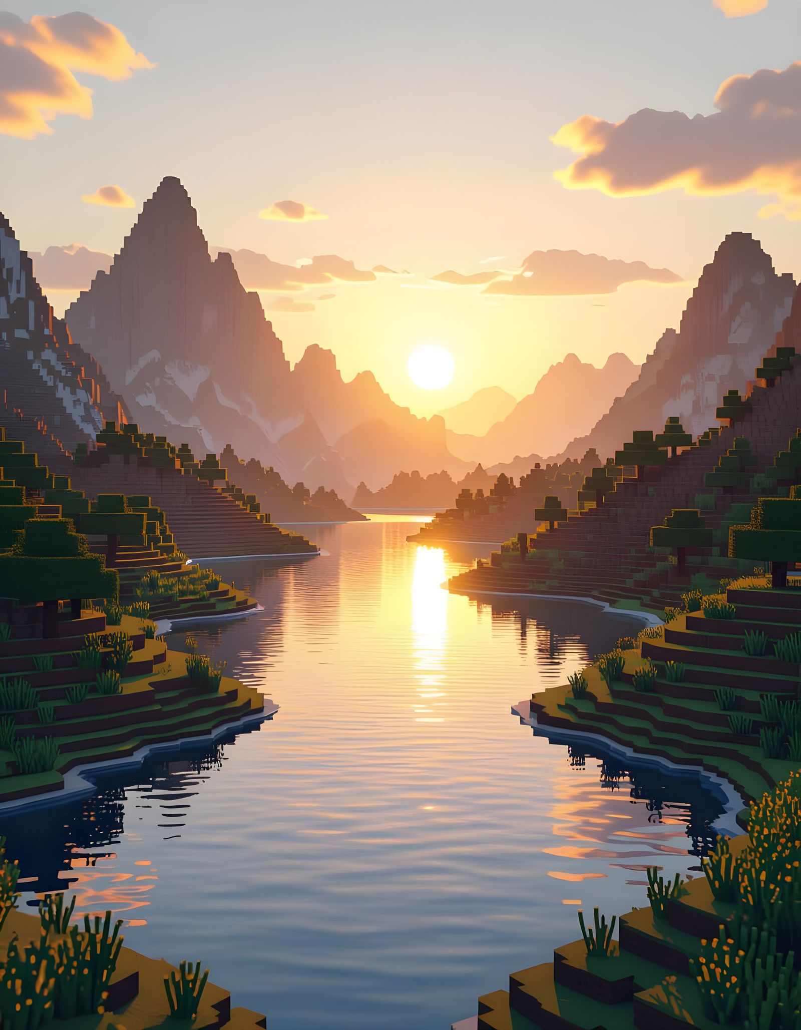 Minecraft Style Sunrise Over Lake