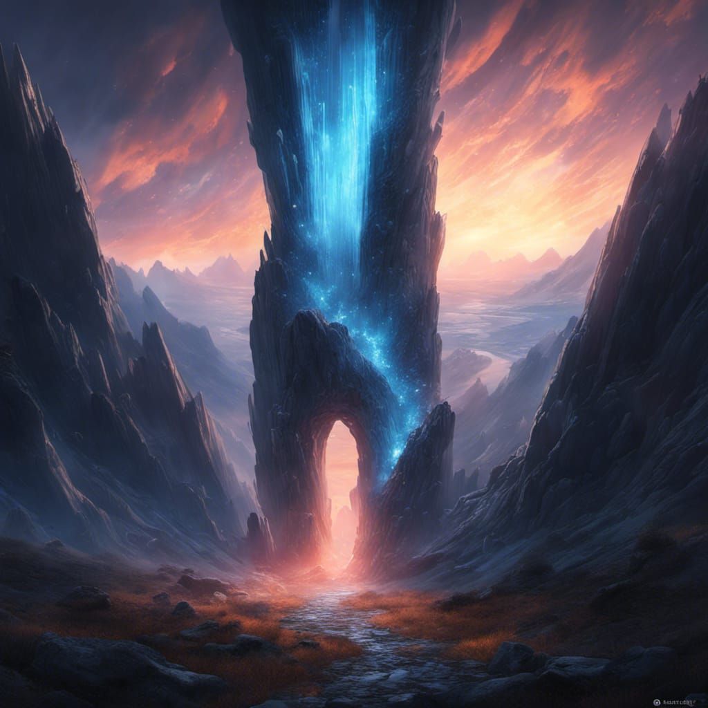 Bioluminescent Portal on Mountain, Digital Illustration