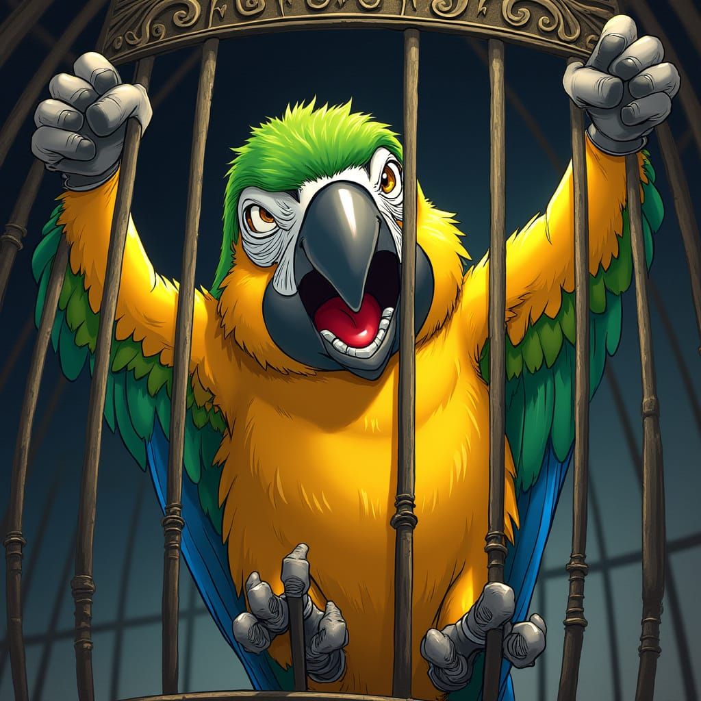 Furious Caricatured Parrot Trapped in Ornate Cage