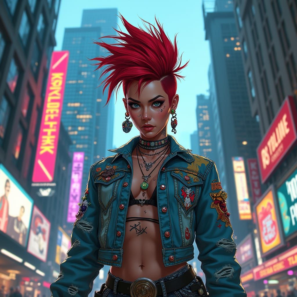 Rebellious Punk Woman Defies the City in a Cyberpunk Aesthet...