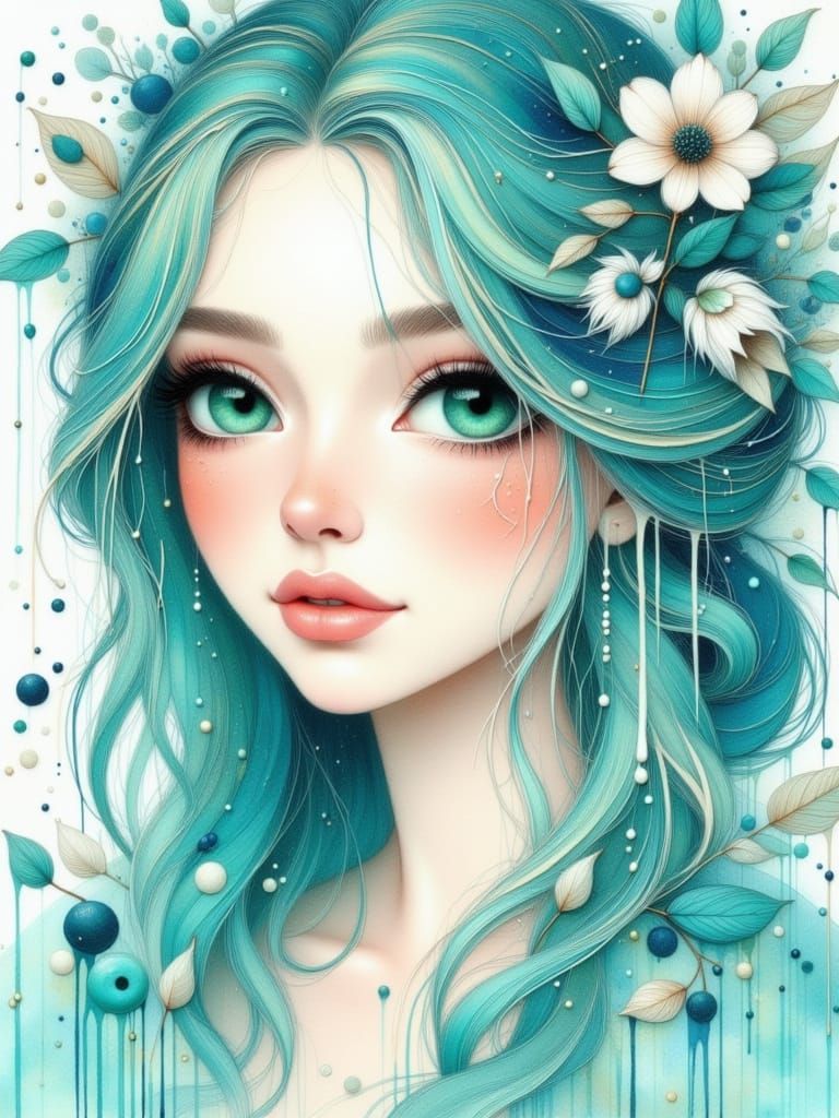 Pretty Woman Portrait in Watercolor and Pencil Sketch Style