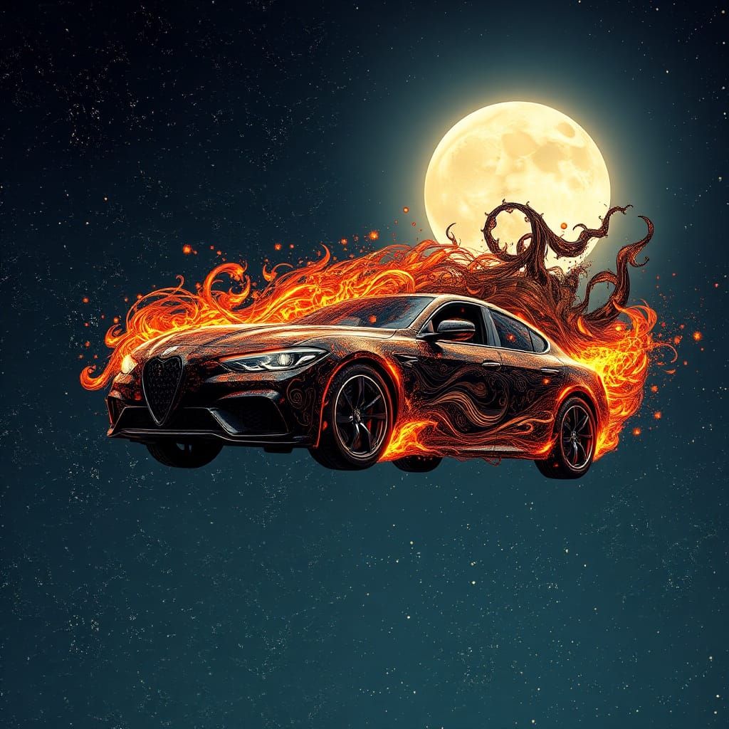 Fiery Car Suspended in Starry Night Sky
