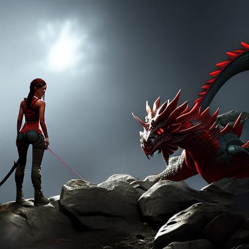 Lara Croft and Her Dragon: 3D Digital Art
