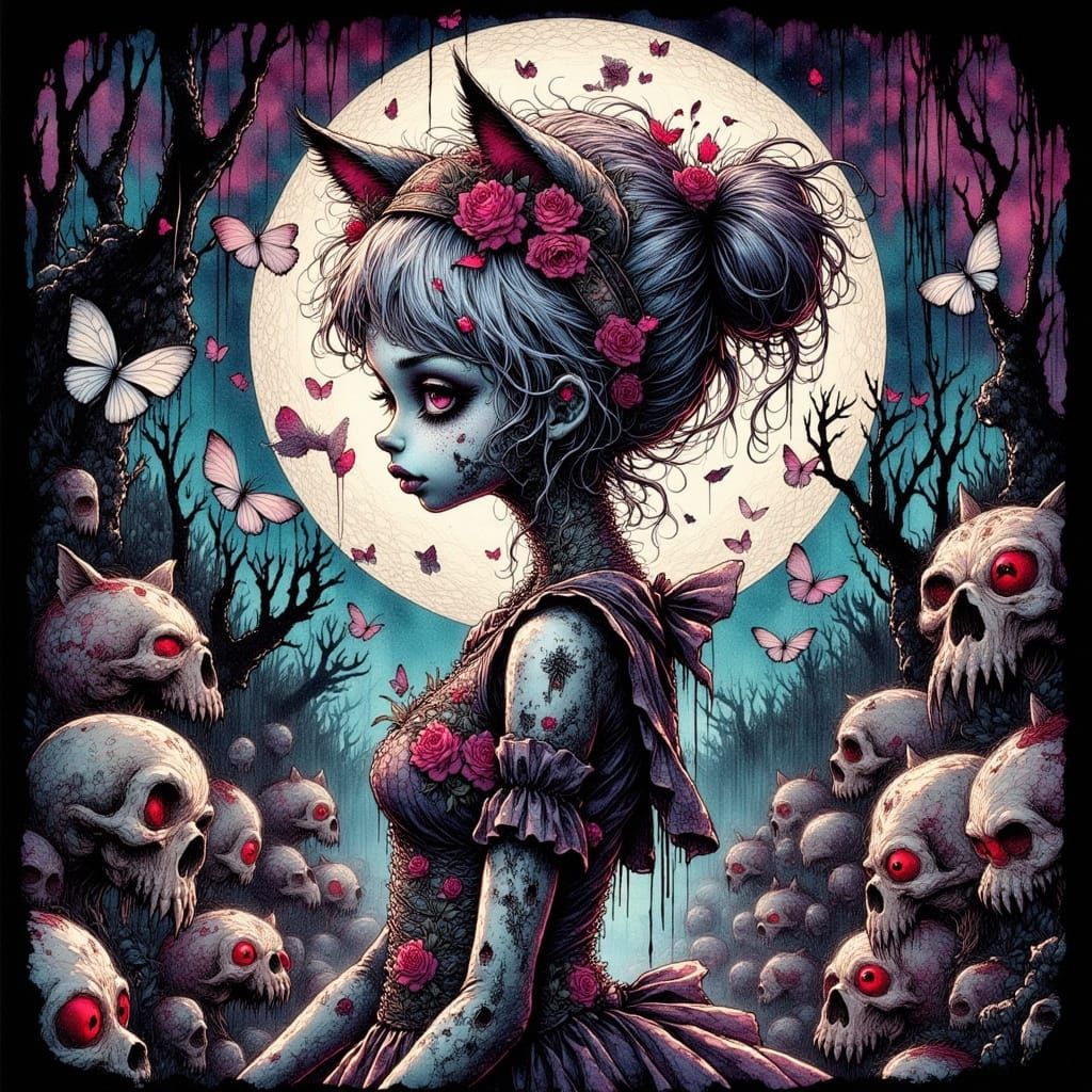 80s Anime Cheshire Cat Girl in Zombie Apocalypse Wonderland