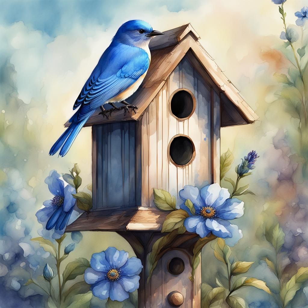 Watercolor Bluebird with Birdhouse and Blue Flowers