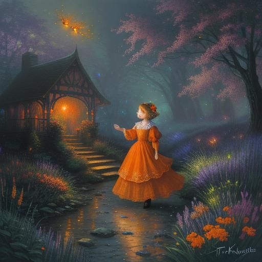 Fireflies and Girl in Orange Lace Dress