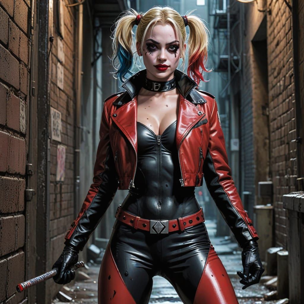 Gritty Harley Quinn Comic Book Portrait in Bold Red and Blac...