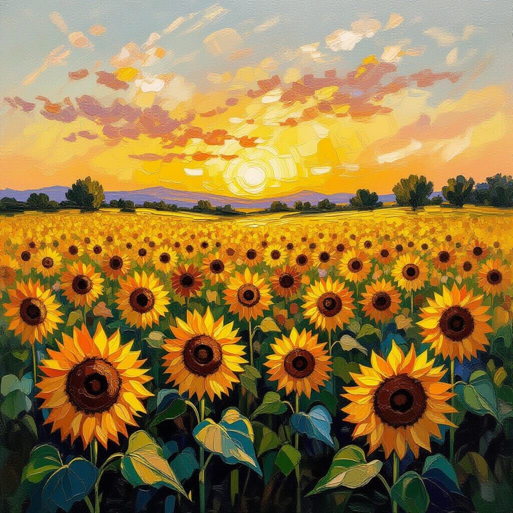 Vibrant Sunflower Field at Golden Hour Impressionist Oil Pai...