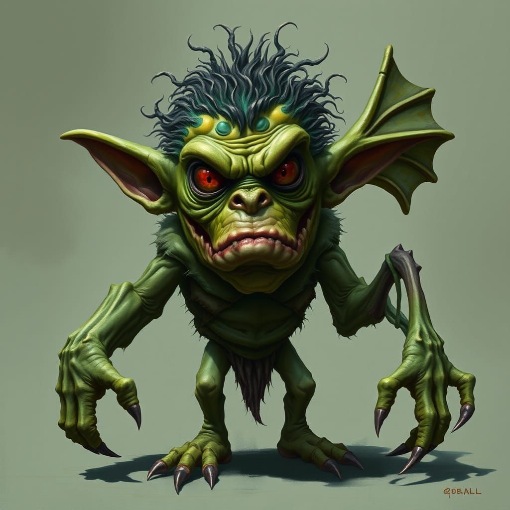 Grotesque, Green Creature in Distorted Landscape