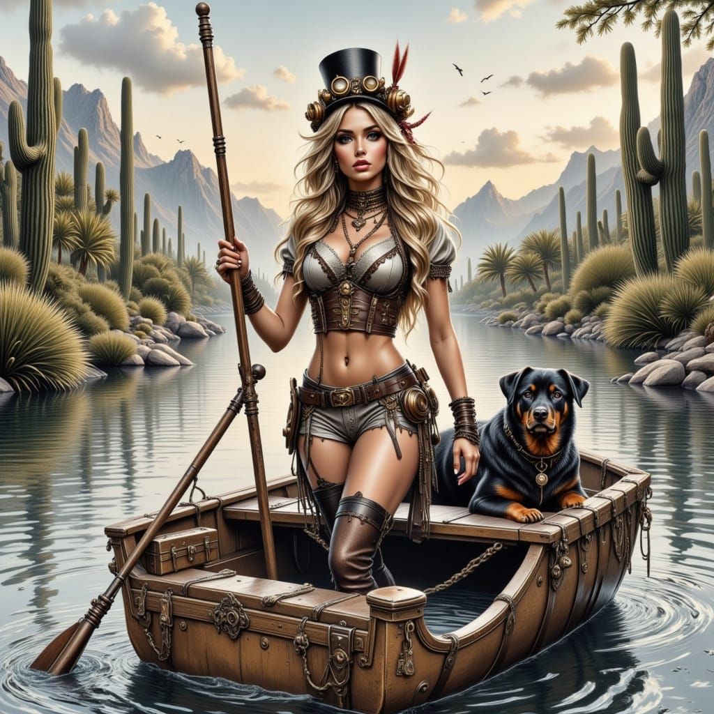 Steampunk Girl in Boat with Rottweiler, Digital Painting