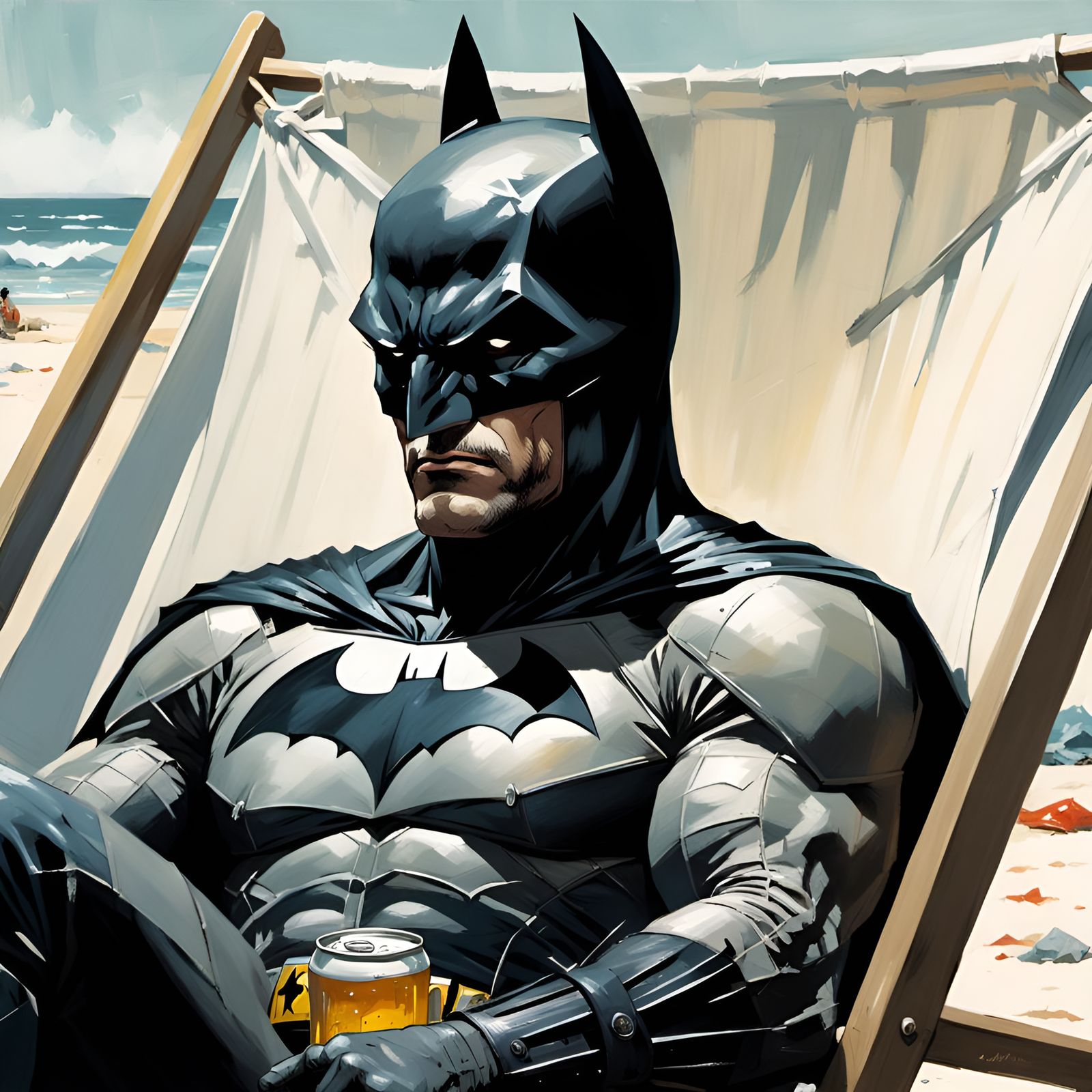 Somber Batman on Beach as Oil Painting