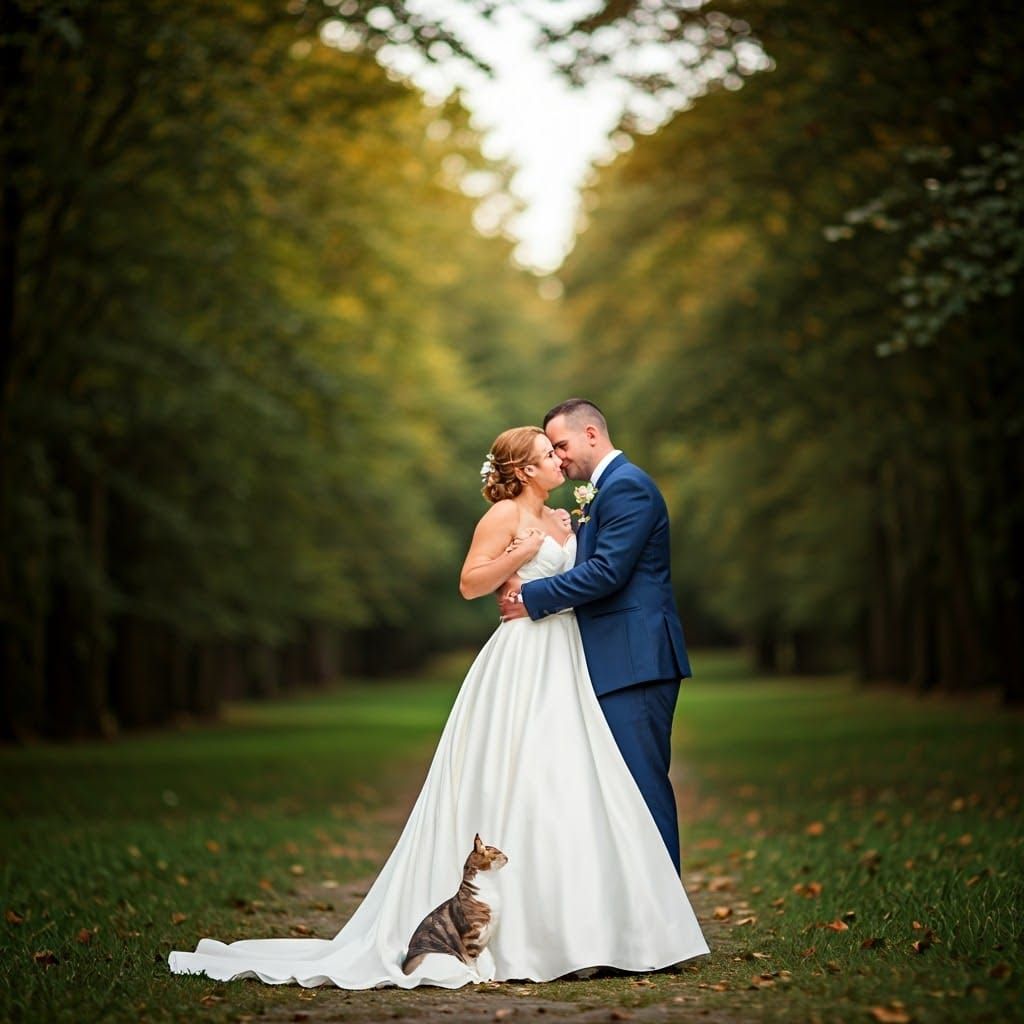 Cat photobombing a wedding photo