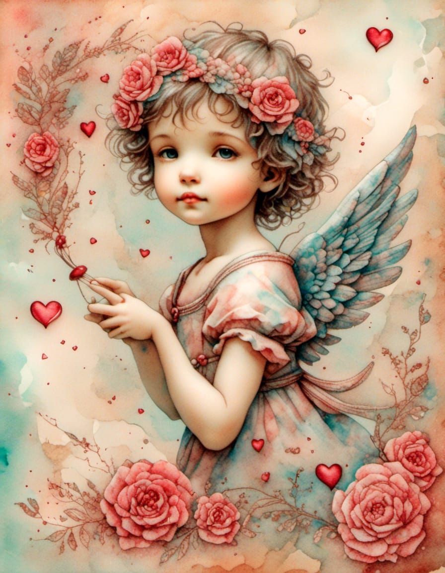 Cute Cupid Valentine in Pastel Watercolor Style