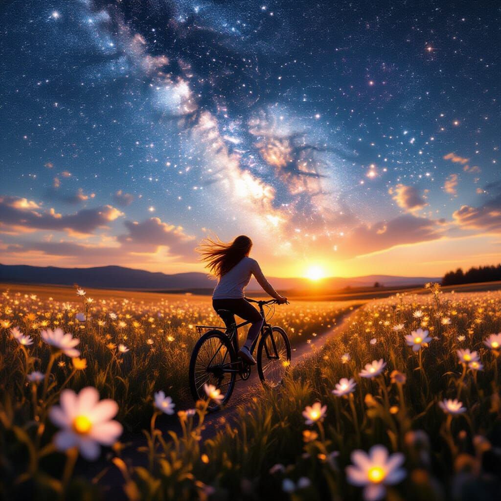 Cyclist in Cosmic Flower Field Under Stardust Sky