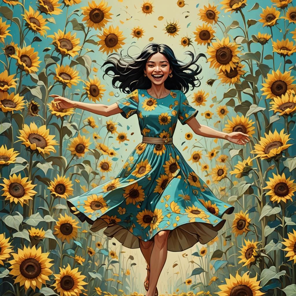 Cartoon Girl Among Sunflowers in Detailed Matte Painting
