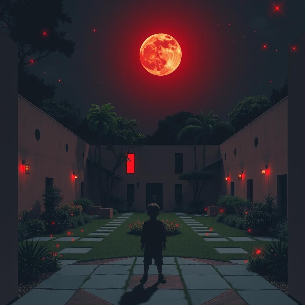 Night Garden with Red Moon and Silhouette