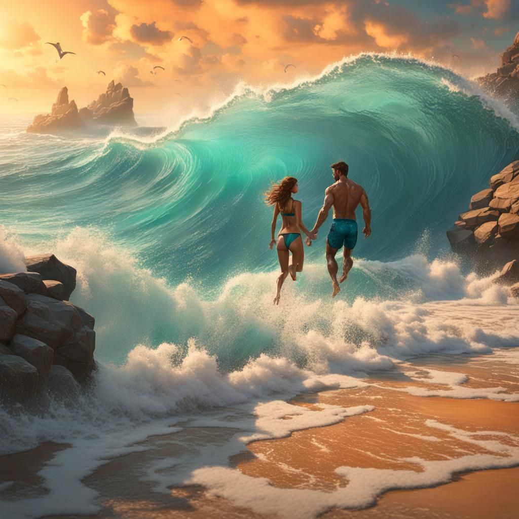 Beach Scene with Crashing Waves in Hyperdetailed Style