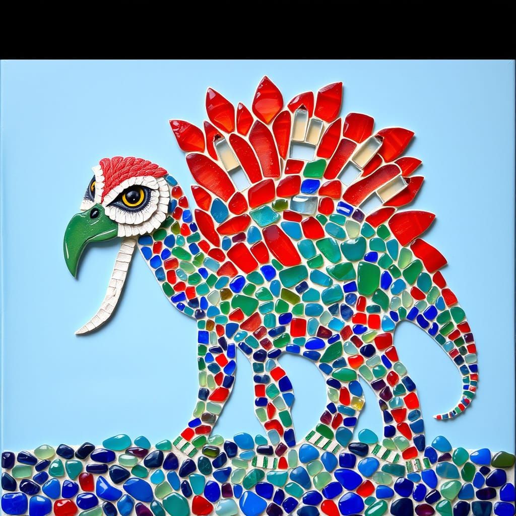 Sea Glass Turkey Dinosaur Hybrid with Owl Face