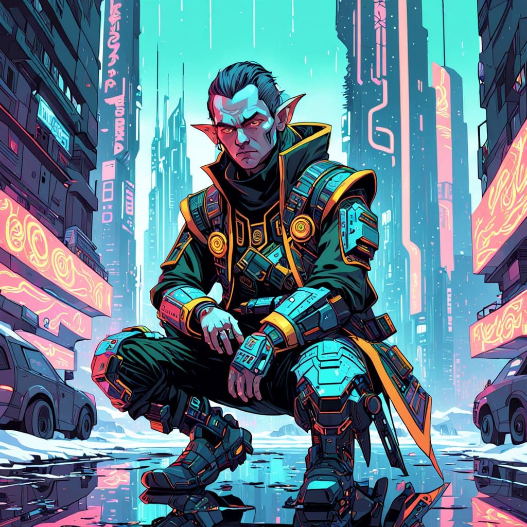 Cyberpunk Elf Warrior Amidst Neon Dystopia