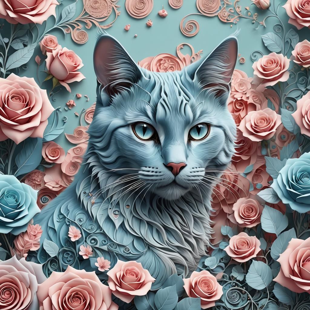 Sky Blue Cat Among Roses in Zentangle Style