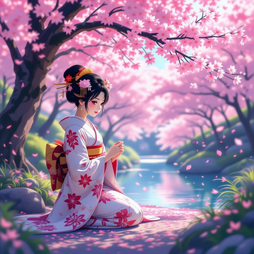 Geisha Surrounded by Sakura Trees in Anime Style