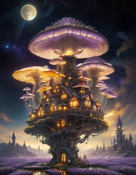 Clockpunk Crystal Bonsai Village with Mushroom Mansion