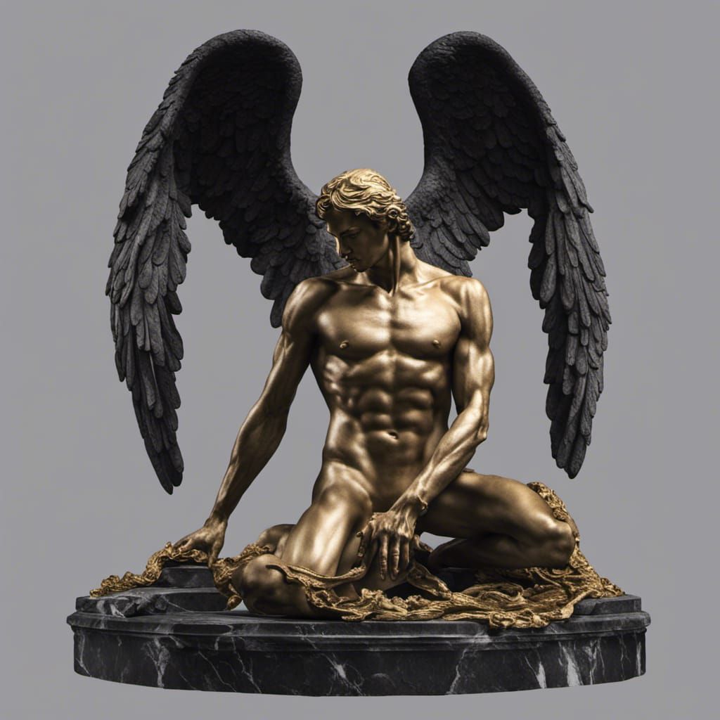 Golden-Winged Marble Angel Sculpture in HDR