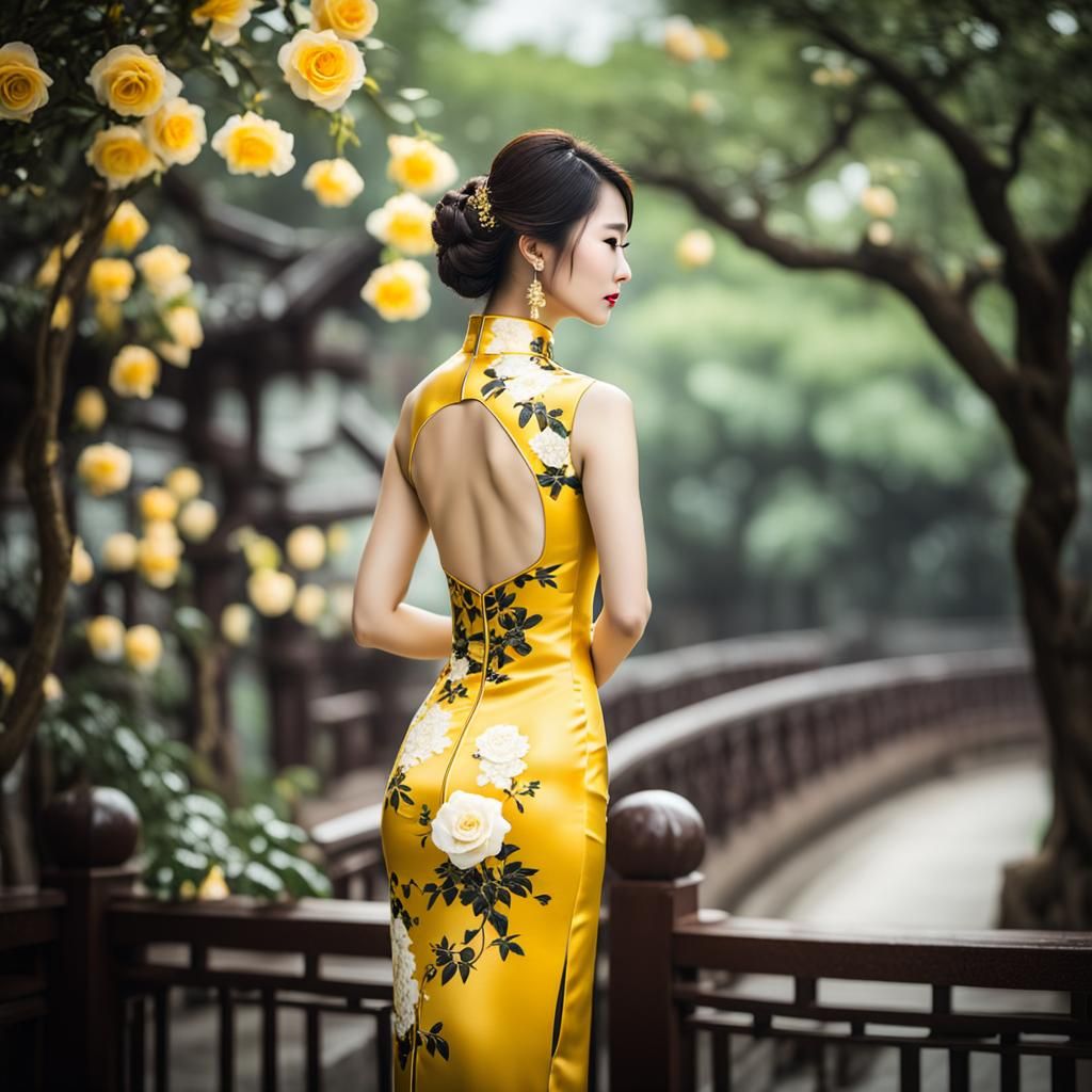 Beautiful Model in Cheongsam with Rose and Chocolate