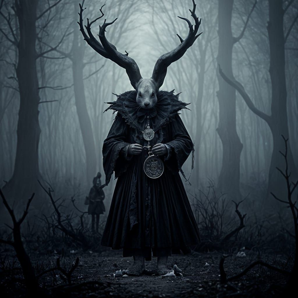 The White Rabbit Pursues Alice in a Dark Gothic Landscape