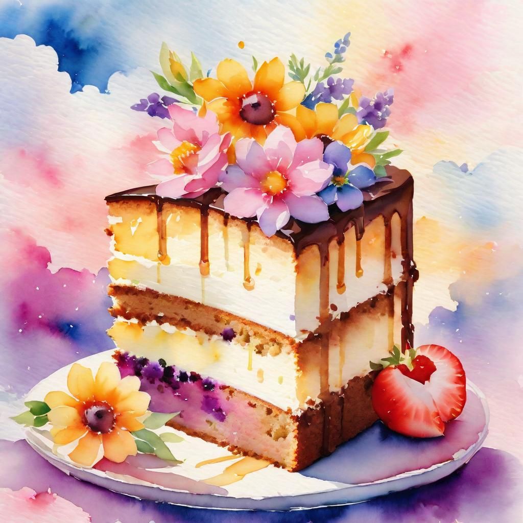Watercolor Flowers on Cake in Sunlight