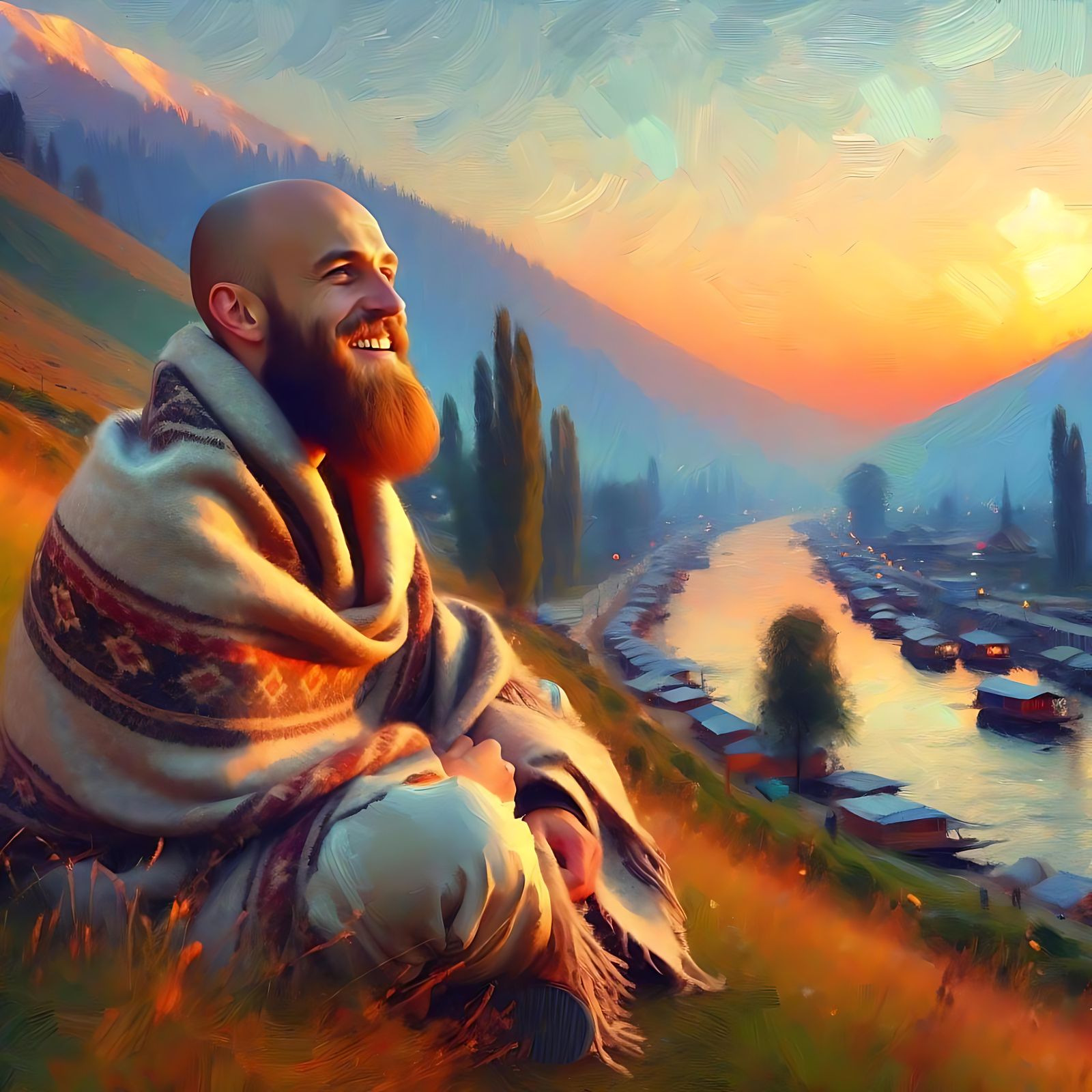 Impressionist Painting of Man Enjoying Kashmir Sunset