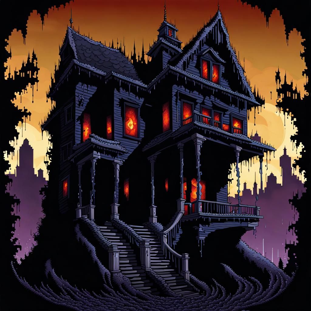 Delapidated Haunted house: silhoutte of an upside-down city in background. disgusting ooze from front door