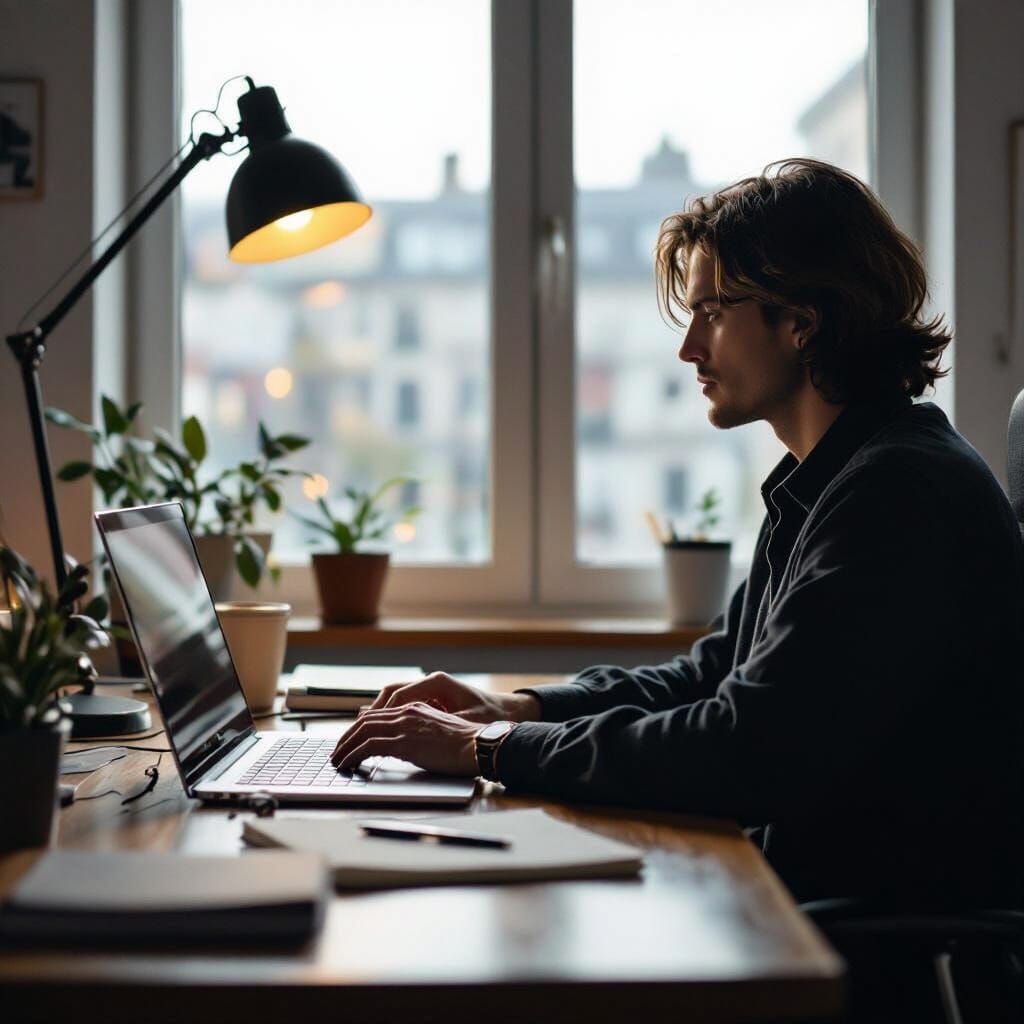 Quiet Office Morning: Cinematic Style with Laptop and Notebo...