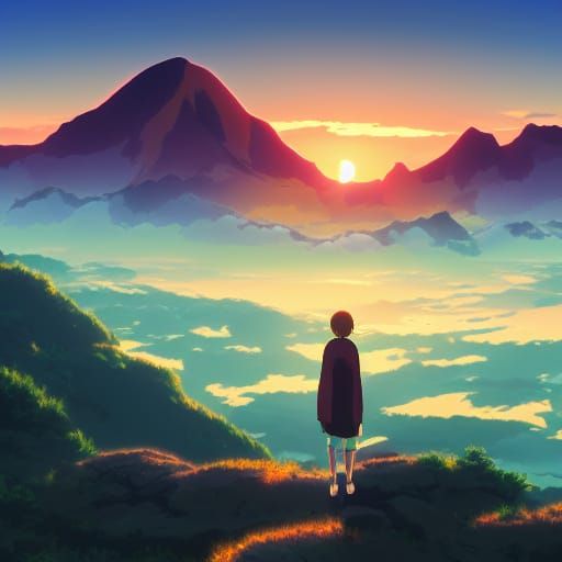 Mountains Sunrise in Studio Ghibli Anime Style