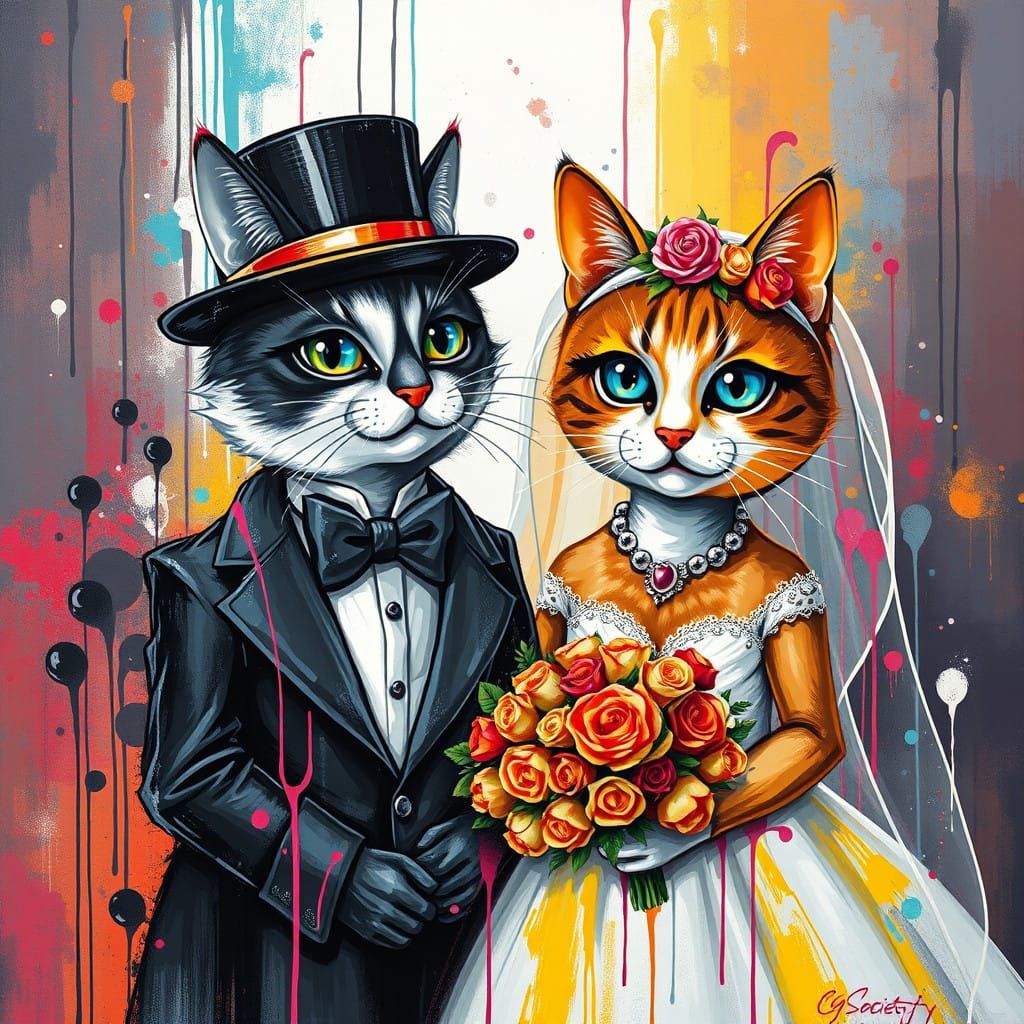 Vibrant Feline Wedding in Dynamic Graffiti Style
