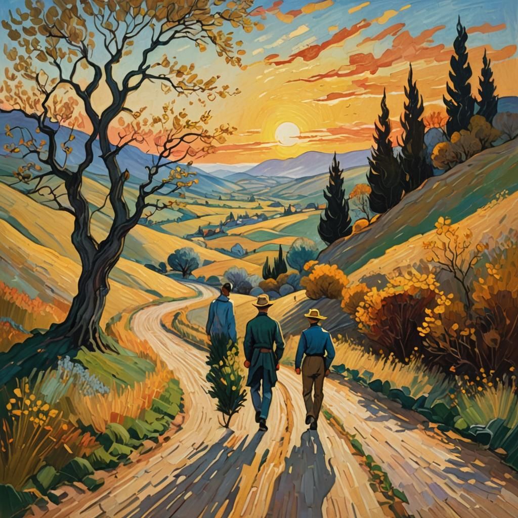 Impressionist Painting of a Person Walking at Sunset