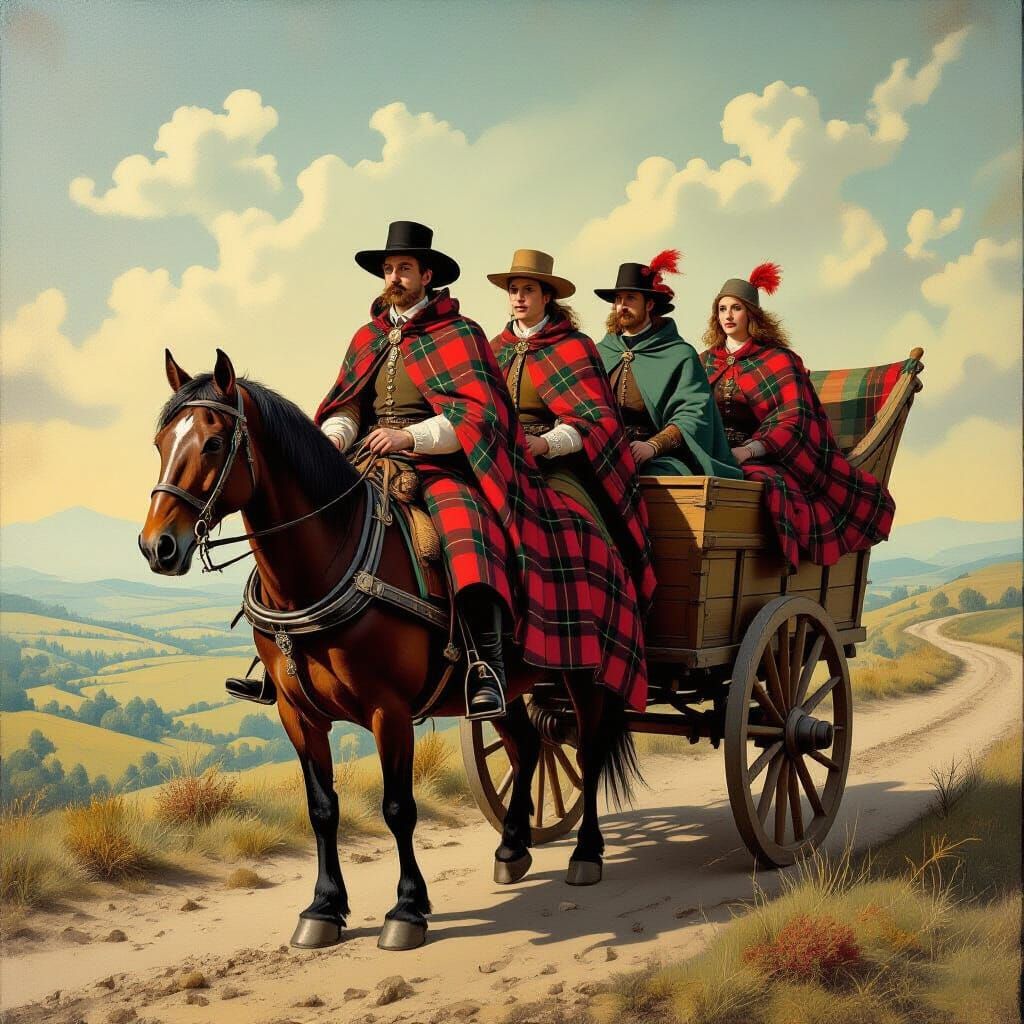 Scottish Travelers in Surrealist Dreamscape